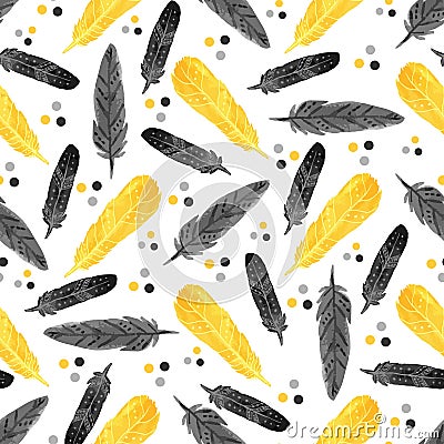 Watercolor fashion seamless pattern with black and yellow feathers. Vector watercolor texture for celebration wrapping Vector Illustration