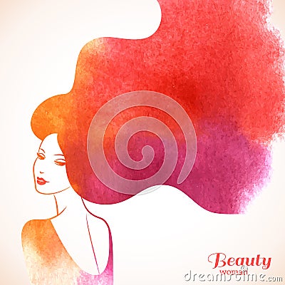 Watercolor Fashion Woman with Long Hair Vector Illustration