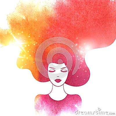Watercolor Fashion Woman with Long Hair. Vector Vector Illustration