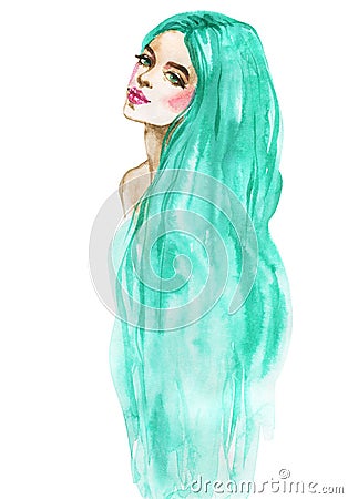 Watercolor fashion woman portrait. Hand drawn beauty girl with long hair Cartoon Illustration
