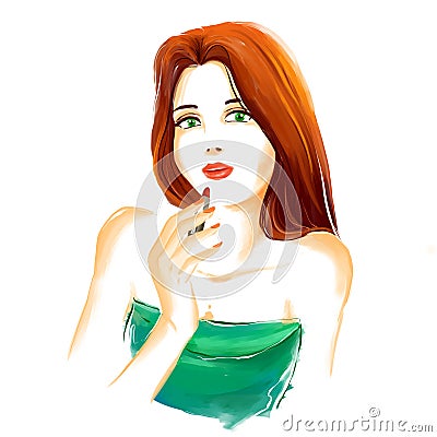 Watercolor fashion woman with red lipstick Stock Photo