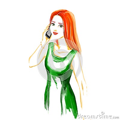 Watercolor fashion woman talking by mobile phone Stock Photo