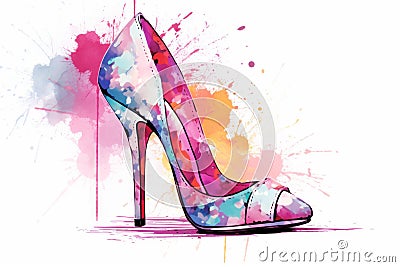 Watercolor fashion women high heeled shoe against a background of splashes and stains. In light rainbow colors. Ideal Stock Photo