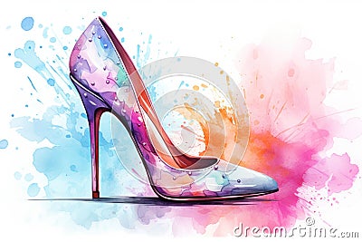 Watercolor fashion women high-heeled shoe against a background of splashes and stains. In light rainbow colors. Ideal Stock Photo