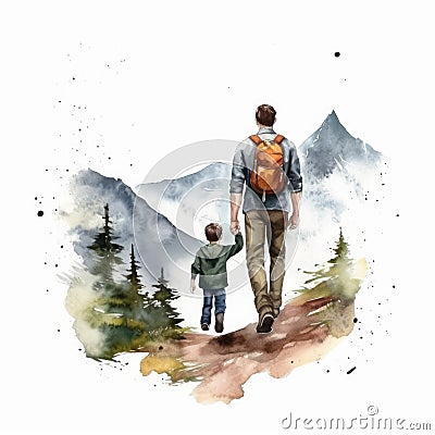 watercolor father and son hiking in the mount generative AI Stock Photo