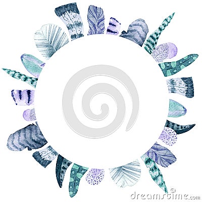 Watercolor feather circle frame Stock Photo