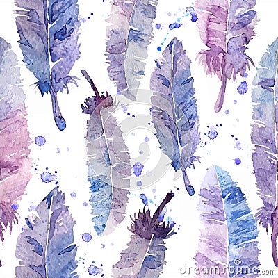 Watercolor feathers and blot seamless pattern. Stock Photo