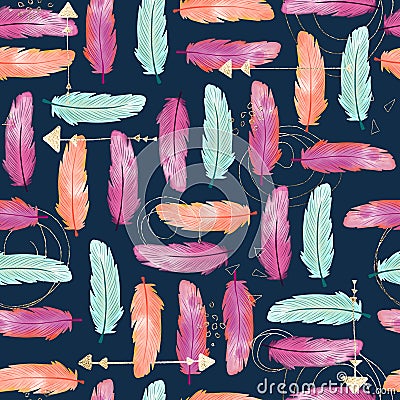 Watercolor feathers seamless boho pattern with feathers and gold foil arrows. Decoration native tribal print. Orange Stock Photo