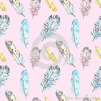 Watercolor feathers seamless pattern on pink background. Tribal aztec print with exotic feathers Cartoon Illustration