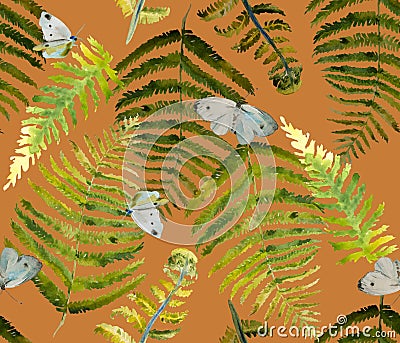 Watercolor fern and butterfly seamless pattern with insects and leaf in orange, green, yellow and blue colors Stock Photo