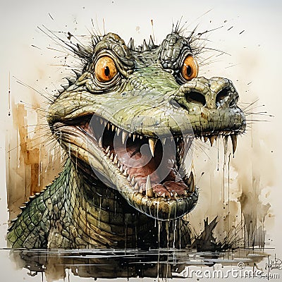 Watercolor ferocity A grinning crocodile bares its teeth Stock Photo