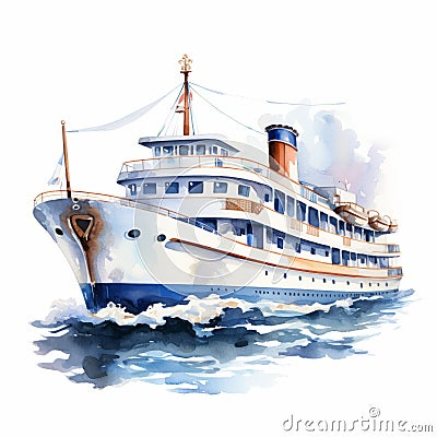 Watercolor Ferry Clipart: Historical Illustration Style Art Of A White Ship Cartoon Illustration