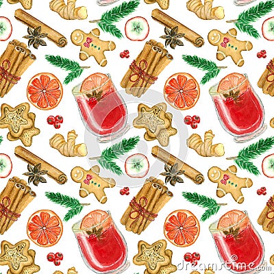 Watercolor festive pattern, Christmas elements, mulled wine ingredients Stock Photo