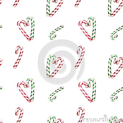 Watercolor festive winter seamless pattern with green and red striped candy canes.Christmas holiday design for textile, cards Cartoon Illustration