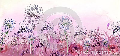 Watercolor field, countryside landscape.Wildflowers dandelion. Wild grass, plants. Sunset sky. Art banner. Cartoon Illustration