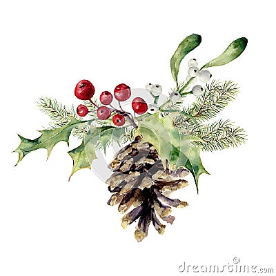 Watercolor fir cone with christmas decor. Pine cone with christmas tree branch, holly and mistletoe on white background Stock Photo