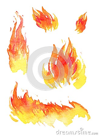 Watercolor fire. Set of different hand drawn flames. Isolated sketch illustration Cartoon Illustration