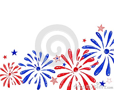 Watercolor firework saluting festival, hand painted festive banner for holiday events, memorial day, New Year, 4th of july. Cartoon Illustration