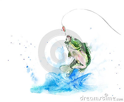 Watercolor fish jump from eater with splash, fishing scene Stock Photo