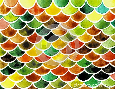 Watercolor fish scales. Bright summer pattern with reptilian scales. Stock Photo