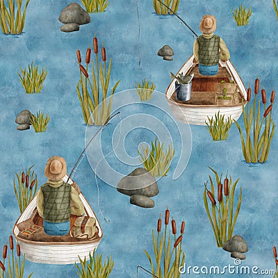 Watercolor fisherman in boat seamless pattern. Hand drawn fisher with fishing rod in wooden rowing boat, reed plants on Stock Photo