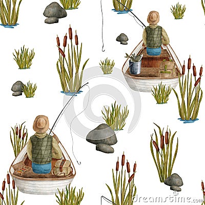Watercolor fisherman in boat seamless pattern. Hand drawn fisher with fishing rod in wooden rowing boat, reed plants Stock Photo