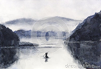 Watercolor Fishing boat and island with mountains. Traditional oriental. asia art style Stock Photo