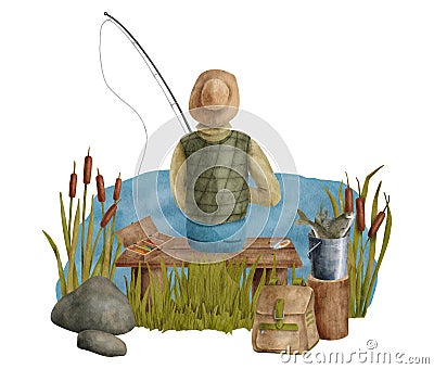 Watercolor fishing scene illustration. Hand drawn fisherman with fishing rod sitting on wooden bench on blue river bank Cartoon Illustration