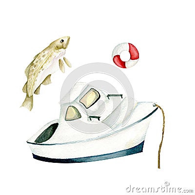 Watercolor fishing set with fish, boat and life ring Stock Photo