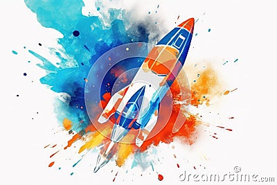 Watercolor Flag Rocket: Paint a watercolor American flag as the background Stock Photo