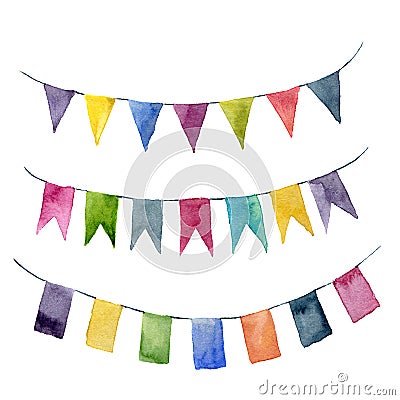 Watercolor flags garlands set. Party, kids party or wedding decor elements isolated on white background. For design Stock Photo