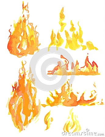 Watercolor flame set. Vector Illustration