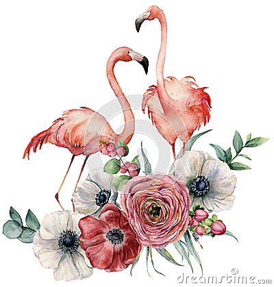 Watercolor flamingo with ranunculus bouquet. Hand painted exotic birds with anemone, eucalyptus leaves and branch Cartoon Illustration