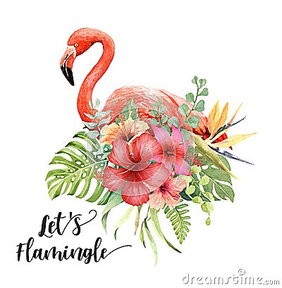 à¸ºWatercolor Flamingo in Tropical Bouquet. Stock Photo