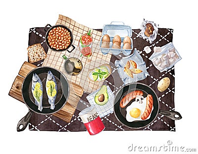 Watercolor flat lay camping meal on dark rug with roasted fish Stock Photo