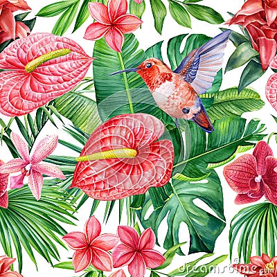 Watercolor flora, tropical leaves, flowers and hummingbird bird. Seamless pattern Cartoon Illustration
