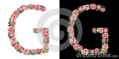 Watercolor floral alphabet of roses, Monogram, title letter G isolated on black and white background. Stock Photo