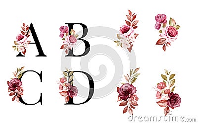 Watercolor floral alphabet set of A, B, C, D with red and brown flowers and leaves. Flowers composition for logo, cards, branding Vector Illustration