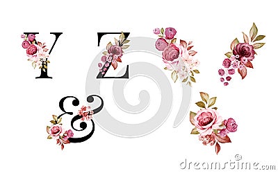 Watercolor floral alphabet set of Y, Z, & with red and brown flowers and leaves. Flowers composition for logo, cards, branding, Vector Illustration