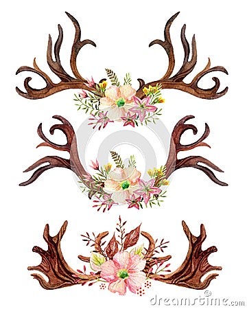 Watercolor floral antler. Stock Photo