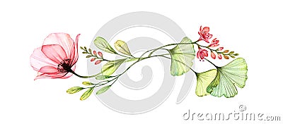 Watercolor floral arrangement. Horizontal design element. Abstract poppy flower with exotic fresia isolated on white Cartoon Illustration