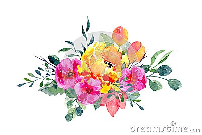 Watercolor floral arrangement. Natural hand drawn print with summer bright flowers and leaves Stock Photo
