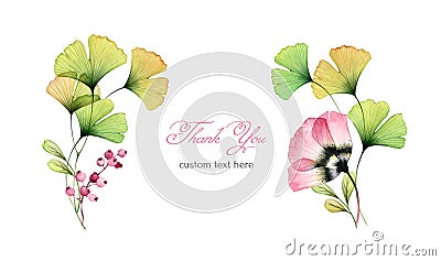 Watercolor floral background. Big field flowers, tulips, gingko leaves. Horizontal arrangement. Thank You Card template Stock Photo