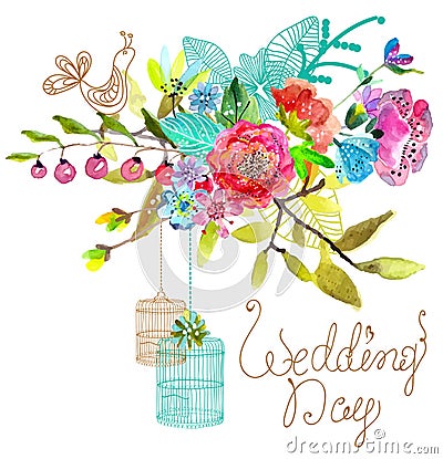 Watercolor Floral background with bird cages for beautiful design Vector Illustration