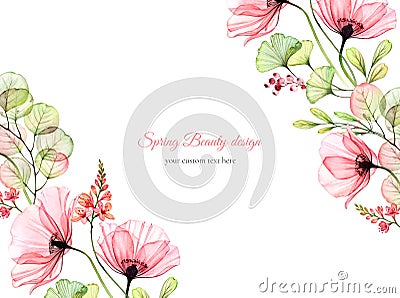 Watercolor floral background. Card template with place for text. Transparent poppy flowers. Isolated hand drawn banner Stock Photo