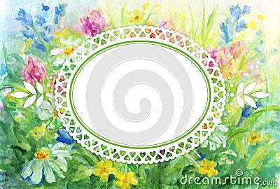 Watercolor floral background with vignette frame Stock Photo