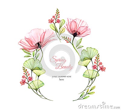 Watercolor floral background. Wreath of field flowers, poppy, leaves. Card template with place for text. Isolated hand Stock Photo