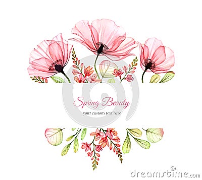 Watercolor floral banner. Bouquet with big field flowers, rose, poppy, leaves. Card template with place for custom text Stock Photo