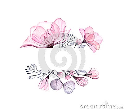 Watercolor floral banner. Transparent rose flowers and leaves with horizontal stripe and place for text. Abstract Cartoon Illustration