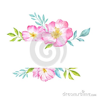 Watercolor floral banner with wild rose flowers, green leaves and branches Stock Photo